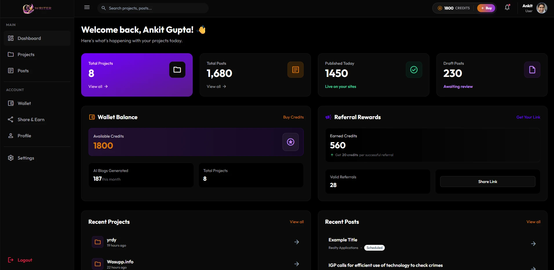 OGwriter Dashboard Interface